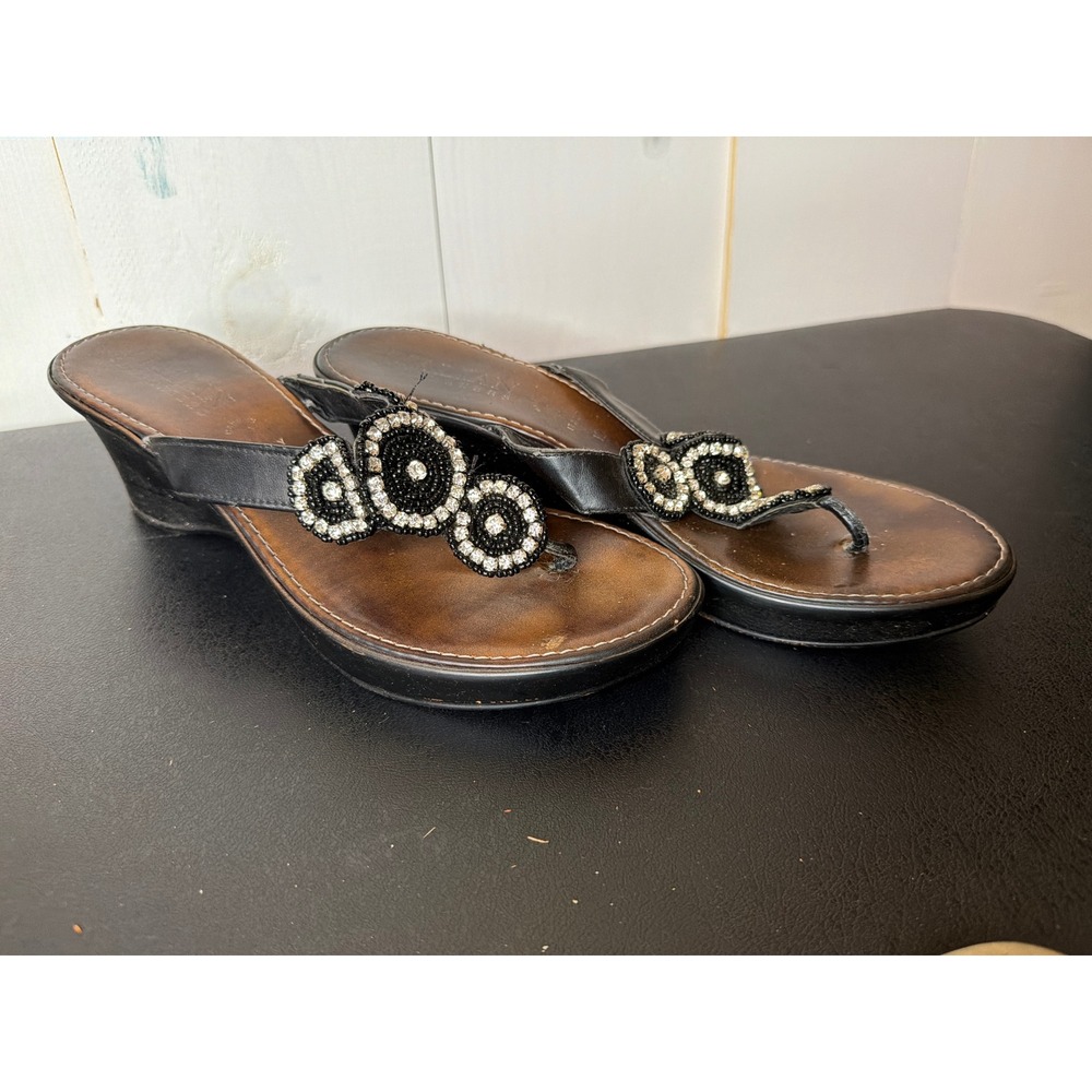 Italian Shoemakers Womens Black Brown Beaded Wedge Thong Sandals Size 10